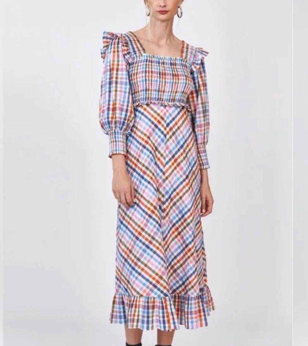 Hunter Bell Women’s Annie Midi Dress Plaid Smocked Multicolored Retired XS